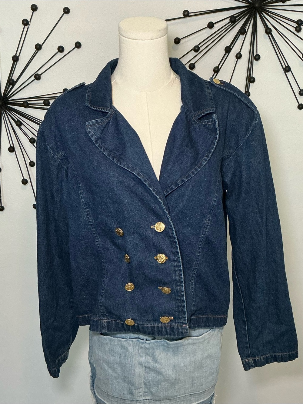 Forenza Denim Blazer Jacket Gold Button Military Style Size 16